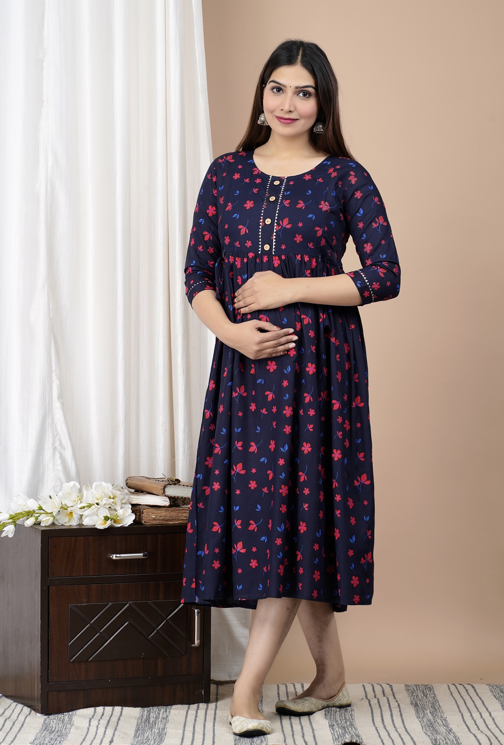 3 Combo Sets Soniya Pregnant Women MultiColor Maternity Dresses/ Jaipuri  Print Maternity Gown With Side Zip/